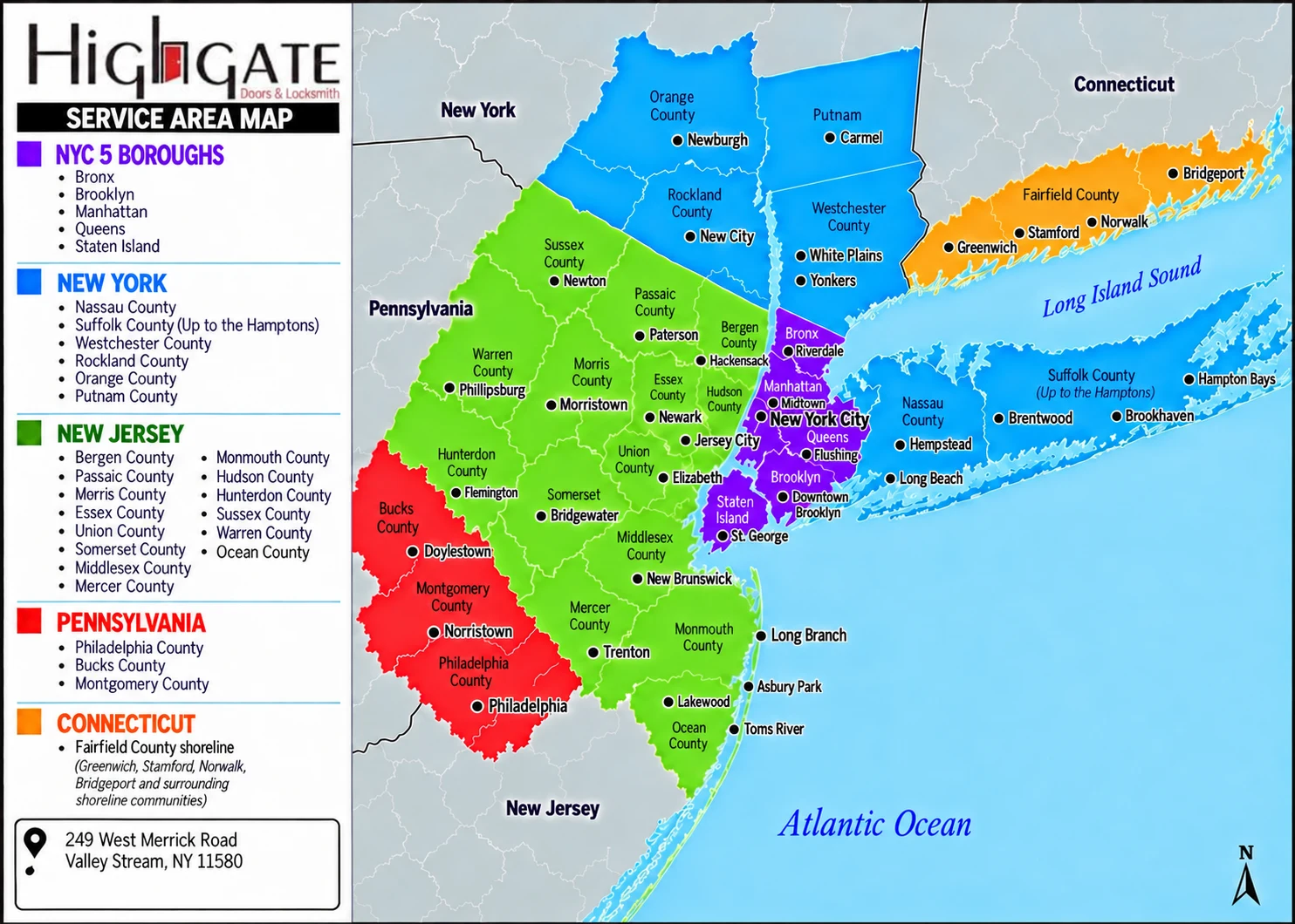 Highgate service area: all five NYC boroughs; selected New York and New Jersey counties; Philadelphia, Bucks and Montgomery counties; and Connecticut’s Fairfield County shoreline. Full coverage details follow below.